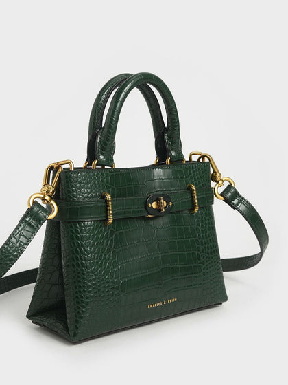 Dark Green Croc-Effect Turn-Lock Tote Bag